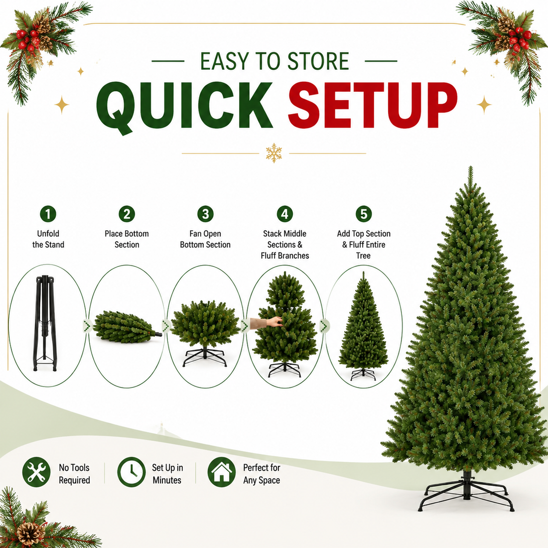 Realistic artificial Christmas tree with metal stand