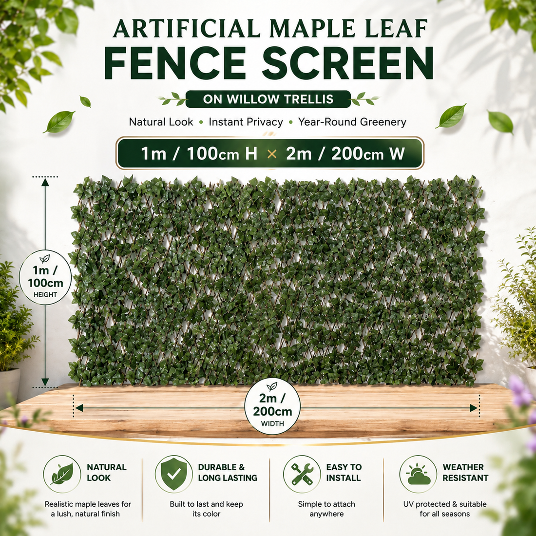 Artificial Maple Leaf Trellis Panel 1m x 2m Expandable Willow Fence Privacy Screen