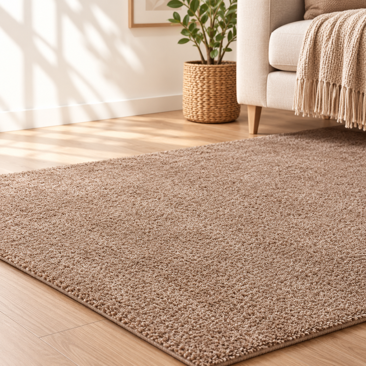 Fluffy shaggy rug, Dark Beige, close-up photo