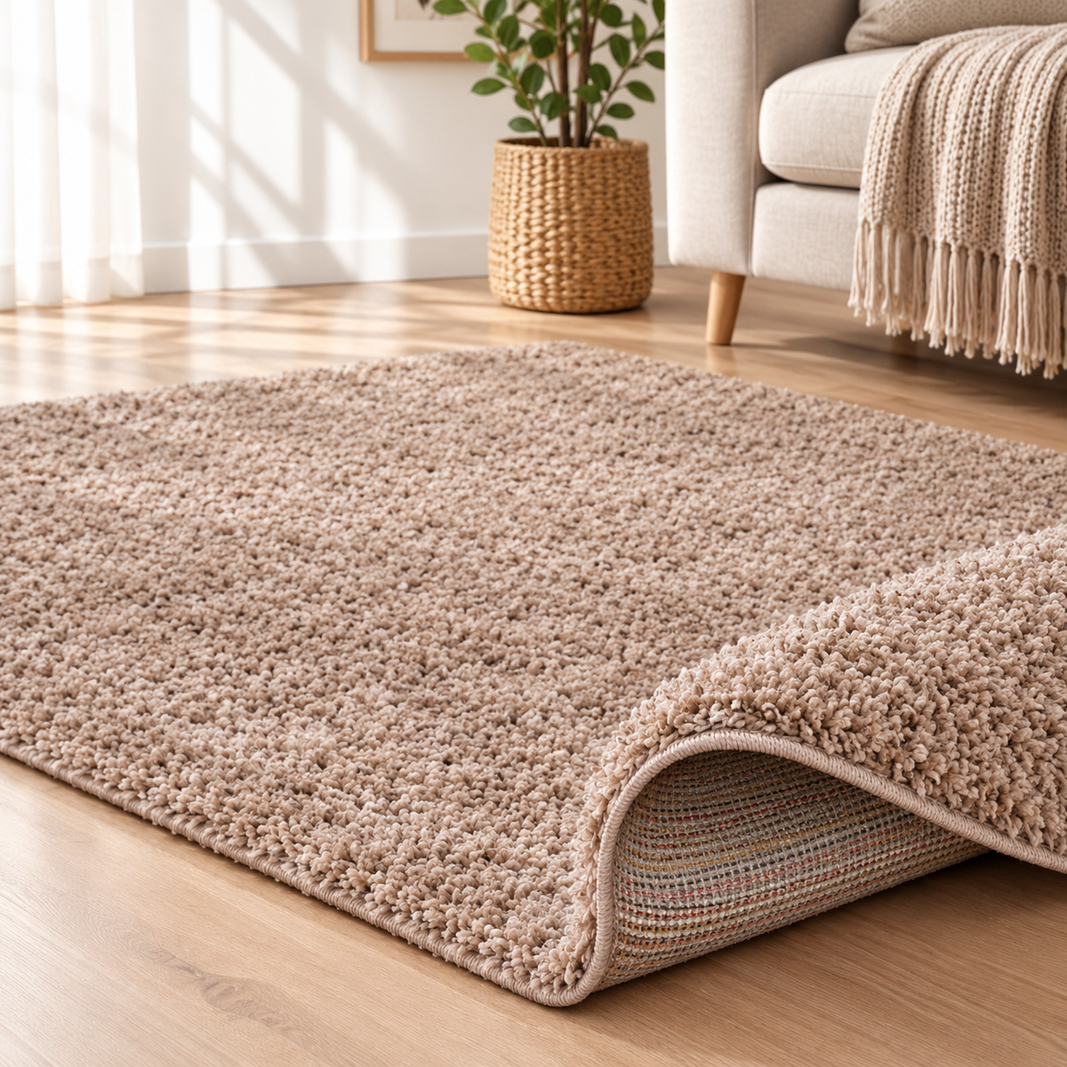 Fluffy shaggy rug, Dark Beige, lifestyle photo