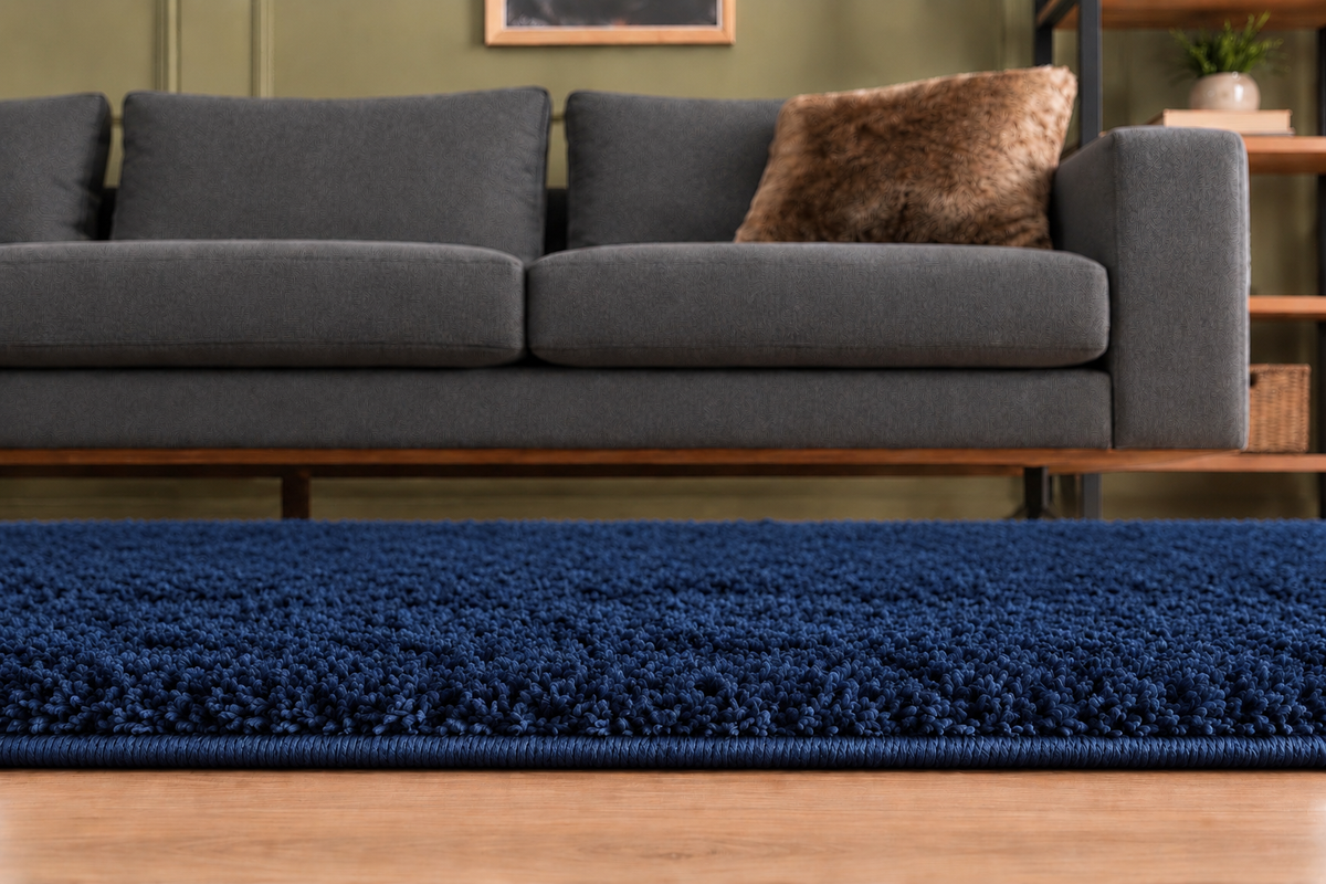 Fluffy shaggy rug, Navy Blue, close-up photo