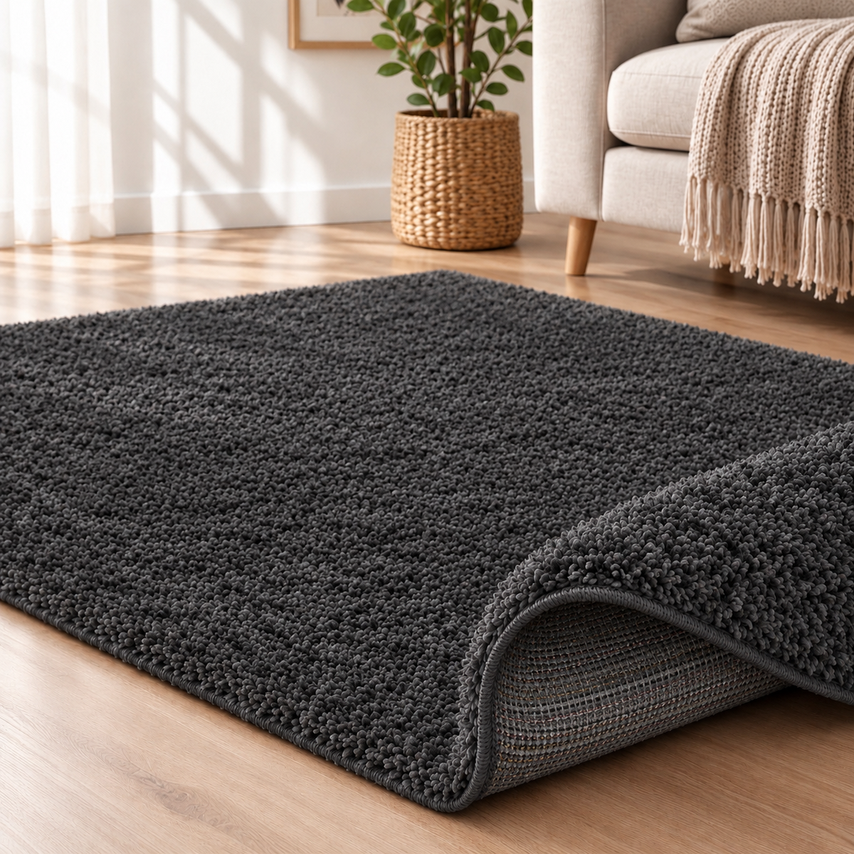 Fluffy shaggy rug, Anthracite, rolled photo