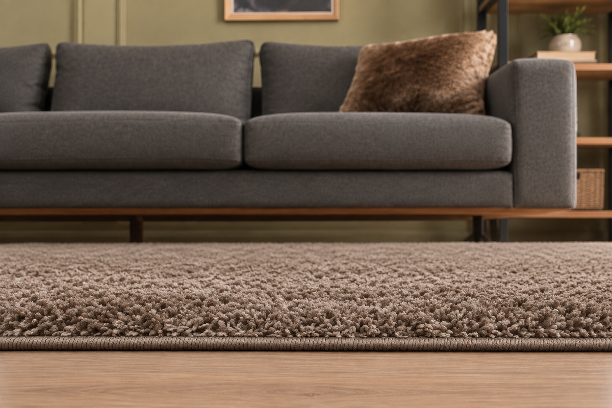 Fluffy shaggy rug, Taupe, close-up photo