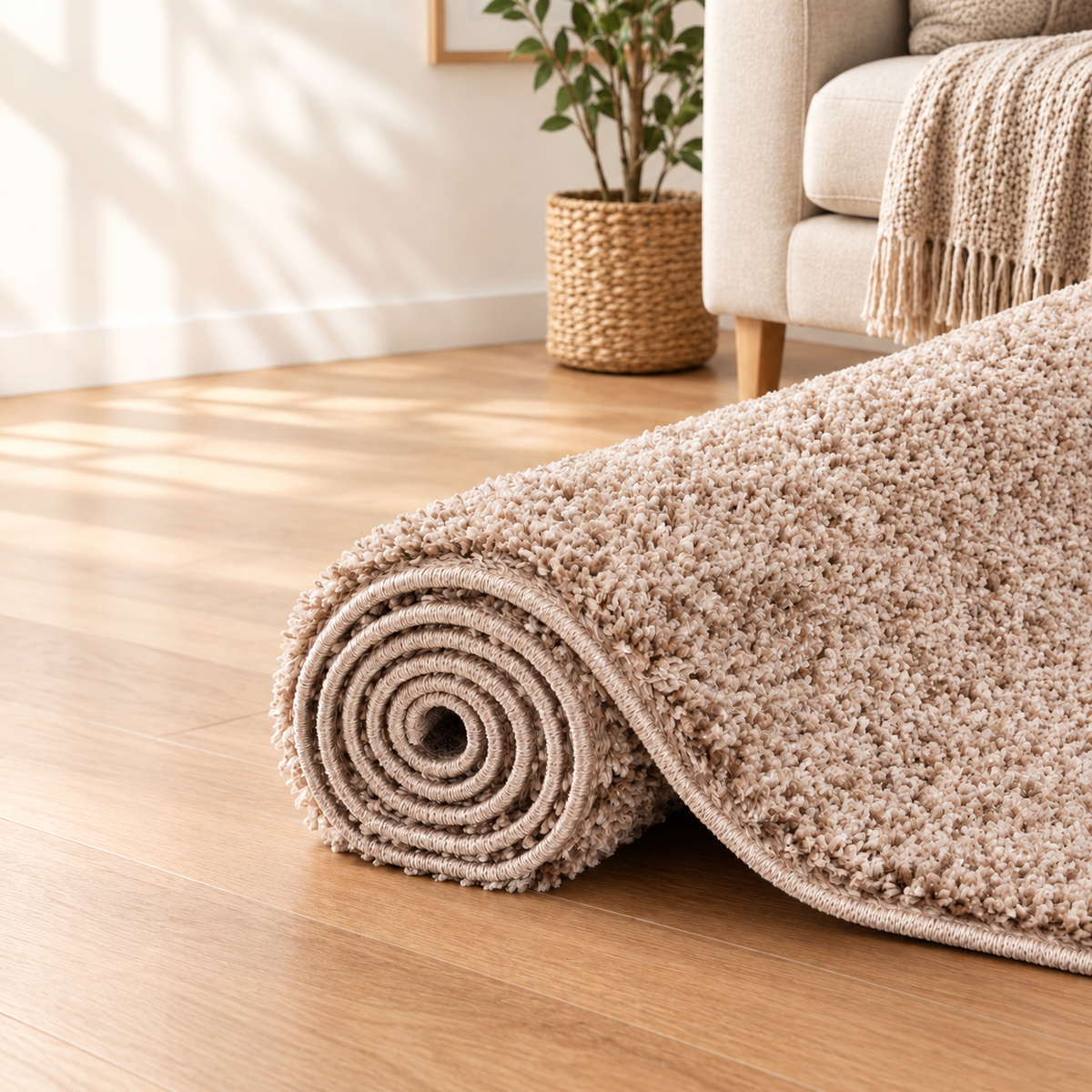 Fluffy shaggy rug, Dark Beige, rolled photo