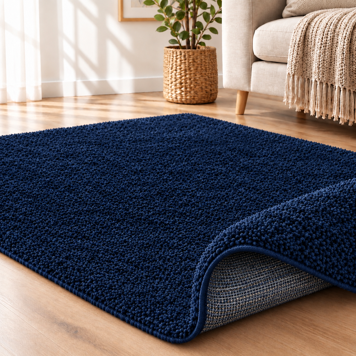 Fluffy shaggy rug, Navy Blue, rolled photo