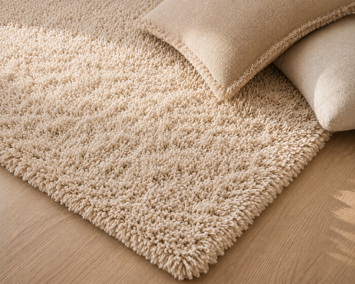 Fluffy shaggy rug, Light Beige, close-up photo